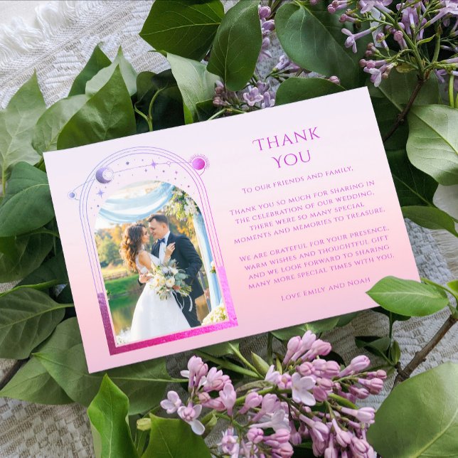 Mystical Sunset Pink Sun Moon Stars Foto Hochzeit Dankeskarte (Von Creator hochgeladen)