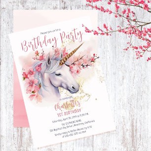 Mystical Unicorn Floral Girl 1. Geburtstag Party Einladung