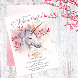 Mystical Unicorn Floral Girl 4. Geburtstag Party Einladung