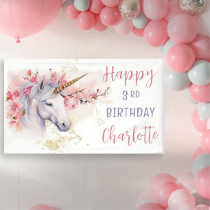 Mystical Unicorn Pink Floral Girl 3. Geburtstag Banner