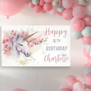 Mystical Unicorn   Pink Floral Girl 4. Geburtstag Banner
