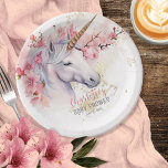 Mystical Unicorn | Pink Floral Girl Babydusche Pappteller<br><div class="desc">Die neue Version von Mystical Unicorn und Pink Floral Girl Baby Shower Design. Tauchen Sie ein in eine Welt der Verzauberung, während Sie sich auf die Ankunft eines kleinen Zauberers vorbereiten. Diese exquisite Kollektion besticht durch ein majestätisches Einhorn als Brennpunkt, das elegant mit zarten rosa Blume und Set vor dem...</div>