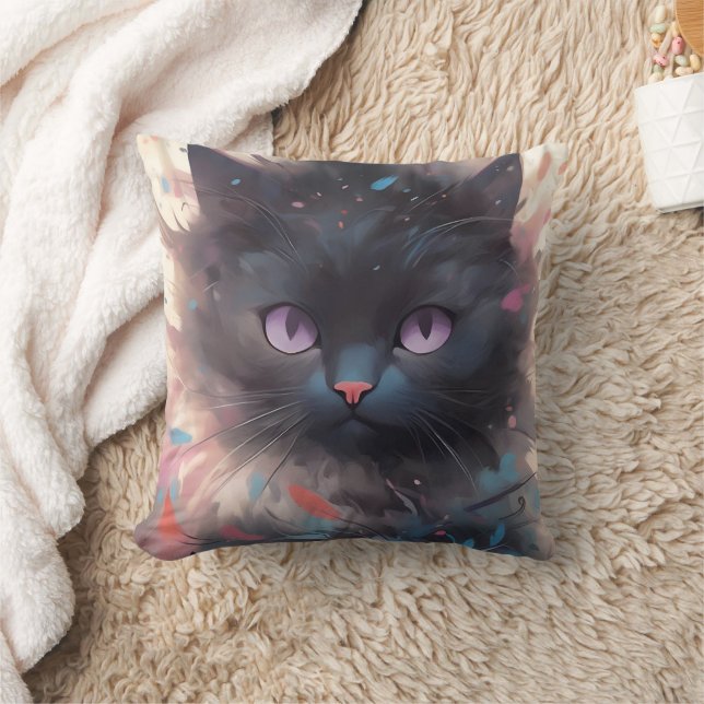 Mystical Watercolor Black Cat | Niedliche Katze Kissen (Decke)