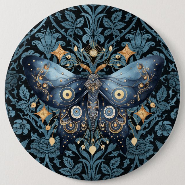 Mystical Watercolor Blue and Gold Night Moth Button (Vorderseite)