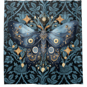 Mystical Watercolor Blue and Gold Night Moth Duschvorhang