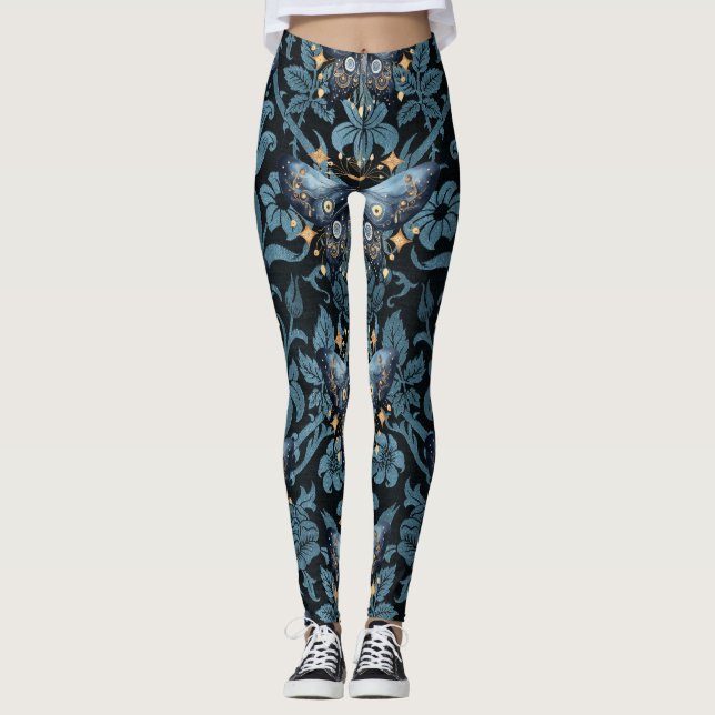 Mystical Watercolor Blue and Gold Night Moth Leggings (Vorderseite)