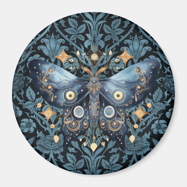 Mystical Watercolor Blue and Gold Night Moth Magnet (Vorne)