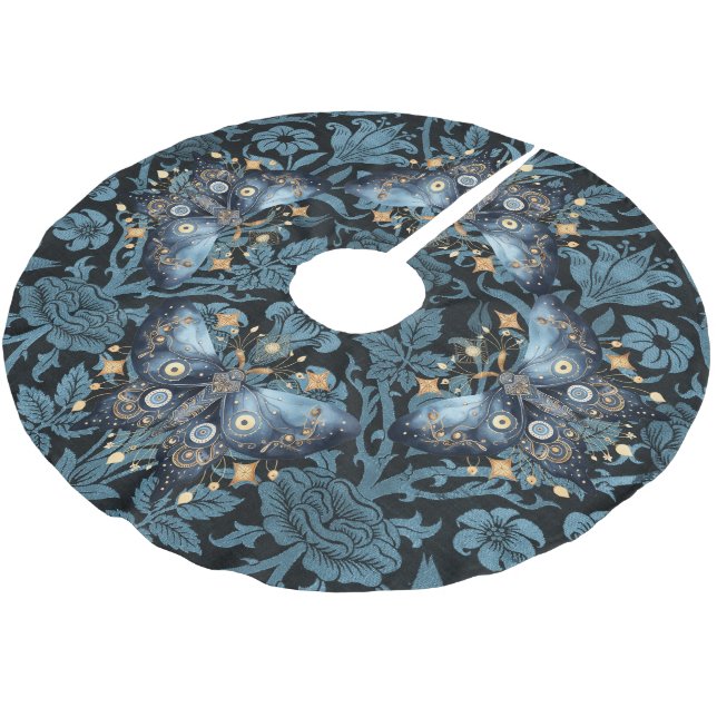 Mystical Watercolor Blue and Gold Night Moth Polyester Weihnachtsbaumdecke (Schrägansicht)