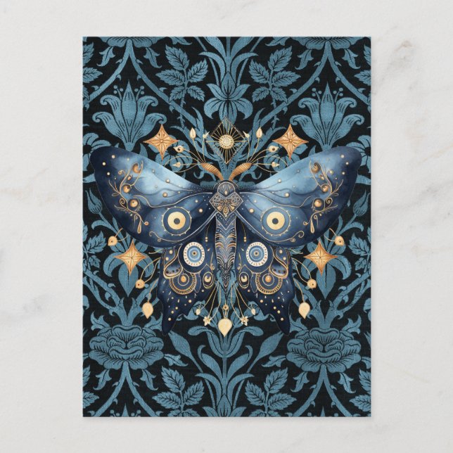 Mystical Watercolor Blue and Gold Night Moth Postkarte (Vorderseite)