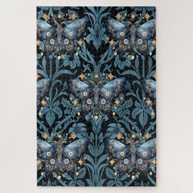Mystical Watercolor Blue and Gold Night Moth Puzzle (Vertikal)