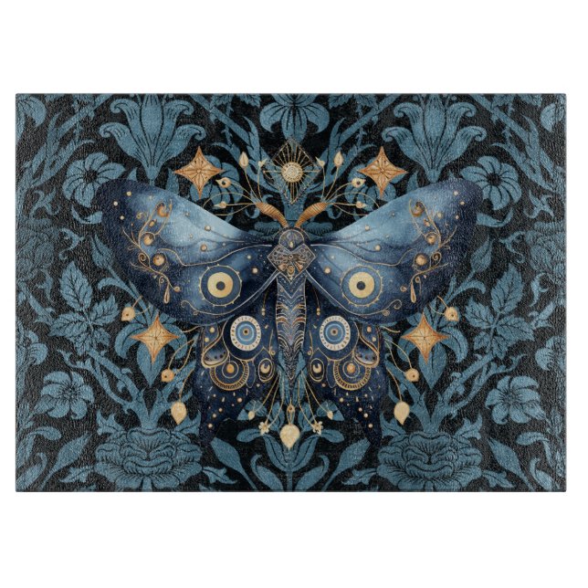 Mystical Watercolor Blue and Gold Night Moth Schneidebrett (Vorderseite)
