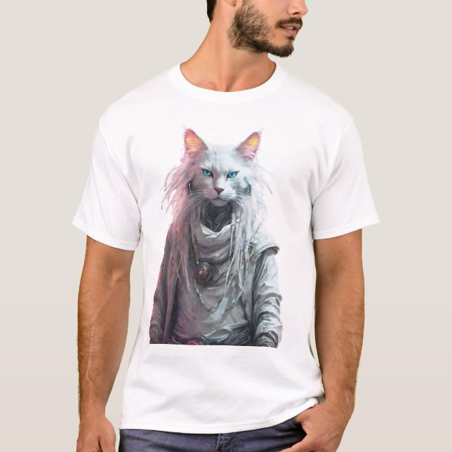 Mystical White Cyber Cat T-Shirt (Vorderseite)