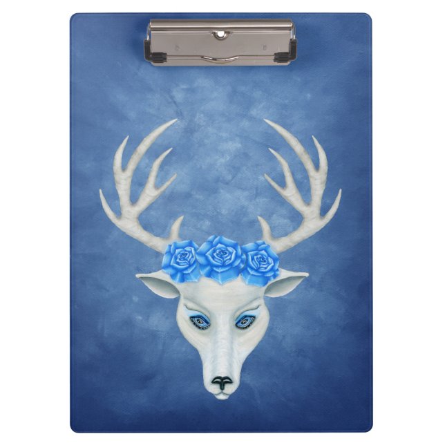 Mystical White Deer Head Blue Eyes Antler Rose Klemmbrett (Vorderseite)