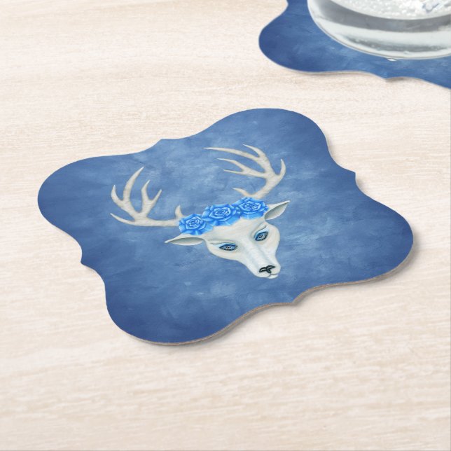 Mystical White Deer Head Blue Eyes Rose Antler Untersetzer (angewinkelt)
