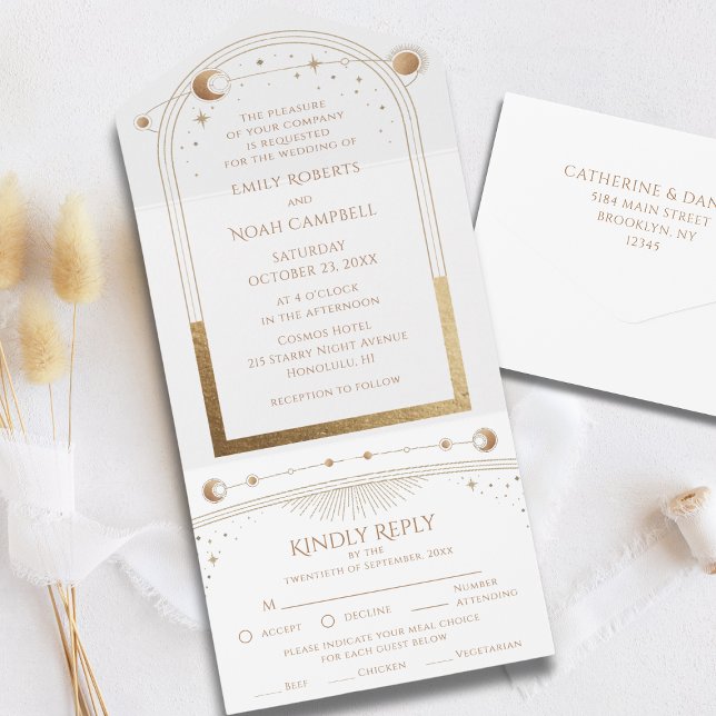 Mystical White Gold Sun Star Moon Astronomie Space All In One Einladung (Von Creator hochgeladen)