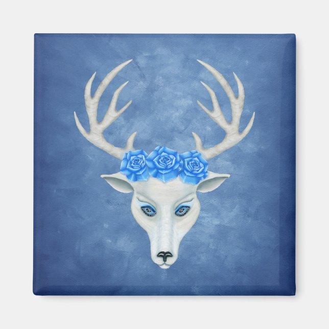 Mystical White Hirsch Head Big Antlers Blue Rose Magnet (Vorne)