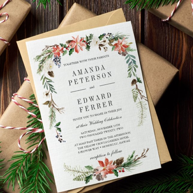 Mystical Winter | Blumenhochzeit Einladung (WINTER FLOWER BERRIES PINECONES POINSETTIA formal wedding invitation. CHRISTMAS TIME CELEBRATION)