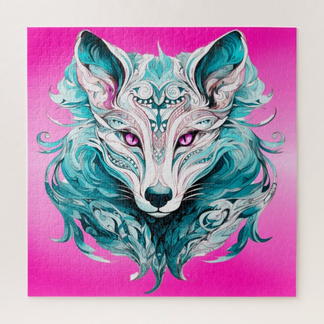 Mystical Wolf | Elegant Türkis & Pink Wolf Puzzle (Vertikal)