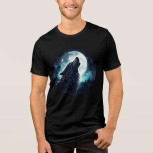Mystical Wolf Howling at Full Moon Tri-Blend Shirt