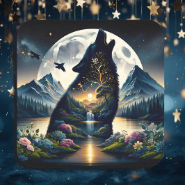 Mystical Wolf Howling bei Moon Surreal Ai Art Quadratischer Aufkleber