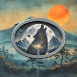 Mystical Wolf Howling bei Moon Surreal Ovale Gürtelschnalle<br><div class="desc">Bild in einem Bild. Doppelte Belichtungskunst,  die einen Wolf darstellt,  der auf dem Mond heult,  mit Bergen,  Wäldern und Bergen.</div>