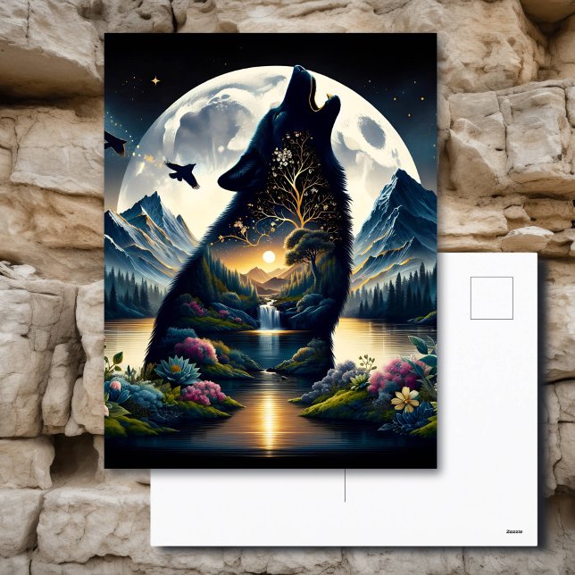 Mystical Wolf Howling bei Moon Surreal Postkarte (Von Creator hochgeladen)