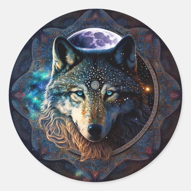 Mystical Wolf Moon Mandala Runder Aufkleber (Vorderseite)