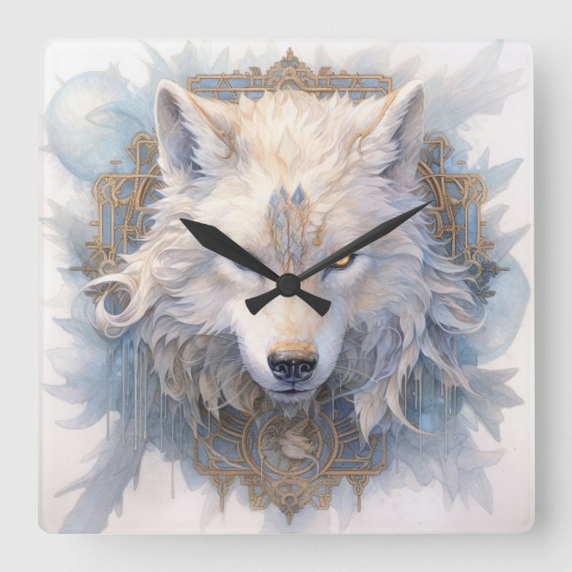 Mystical Wolf Wall Clock Quadratische Wanduhr (Vorderseite)