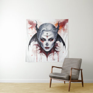 Mystical Woman Vampire Watercolor Halloween Wandteppich