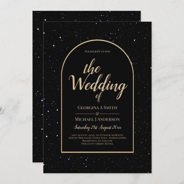 Mystique BLACK GOLD Starry Night Wedding Einladung (Vorne/Hinten)
