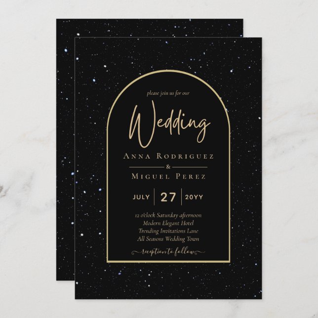 Mystique BLACK GOLD Starry Night Wedding Einladung (Vorne/Hinten)