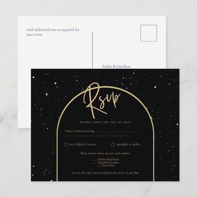 Mystique BLACK GOLD Starry Night Wedding RSVP Postkarte (Vorne/Hinten)