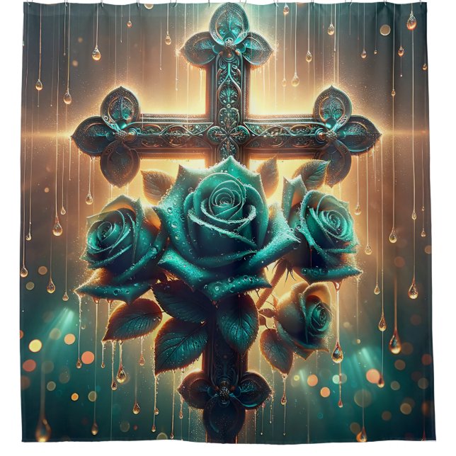 "Mystisch blaue Rose und Kreuz" Duschvorhang (Vorderseite)