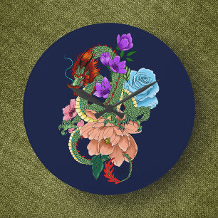Mystisch grüner chinesischer Drache, floral, marin Große Wanduhr