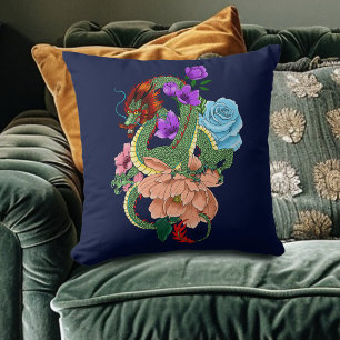 Mystisch grüner chinesischer Drache, floral, marin Kissen