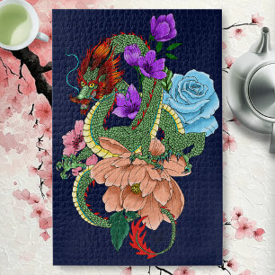 Mystisch grüner chinesischer Drache, floral, marin Puzzle