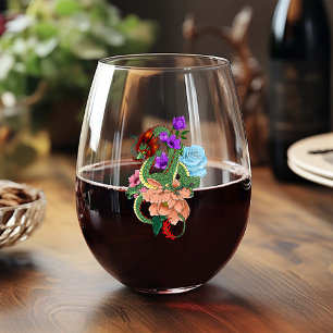 Mystisch grüner chinesischer Drache, floral, marin Weinglas Ohne Stiel