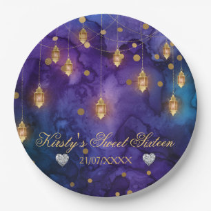 Mystisch lila blaue Laternen & Gold Bokeh Sweet 16 Pappteller