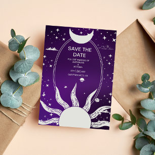 Mystisch Lila und Silber Sonnen Mond Hochzeit Save The Date