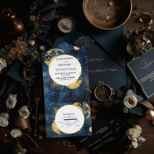 Mystisch Mitternachtsblau und Gold Aquarell-Hochze All In One Einladung