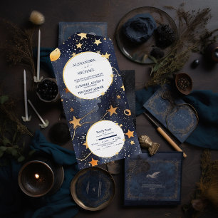 Mystisch Mitternachtsblau und Gold Wasserfarbenen  All In One Einladung