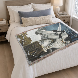 Mystisch Weiß Graue Fantasy Einhorn Katze Winter Decke