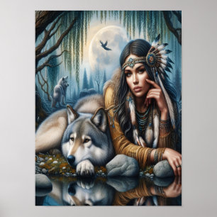 Mystische amerikanische Frau mit 12x16 Wölfen Poster
