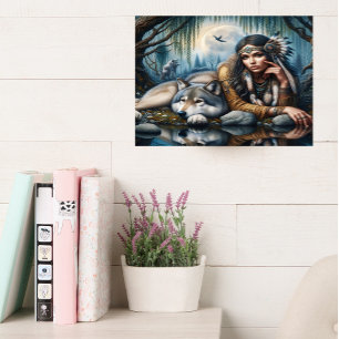 Mystische amerikanische Frau mit Wölfen 16x12 Leinwanddruck