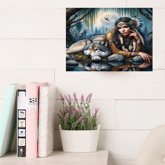 Mystische amerikanische Frau mit Wölfen 16x12 Leinwanddruck (Von Creator hochgeladen)