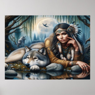Mystische amerikanische Frau mit Wölfen 24x18 Poster