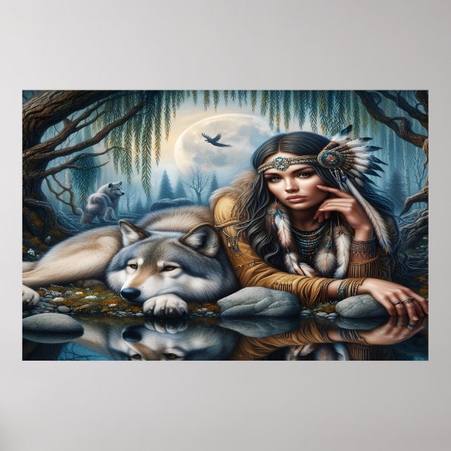 Mystische amerikanische Frau mit Wölfen 36x24 Poster (Vorne)