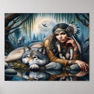 Mystische amerikanische Frau mit Wölfen 8x10 Poster