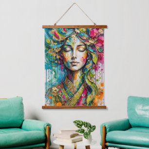 Mystische Aquarell-Göttin Goldblatt Wandteppich Mit Holzrahmen