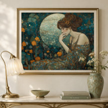 Mystische Art Nouveau-Dame in Bernstein und Türkis